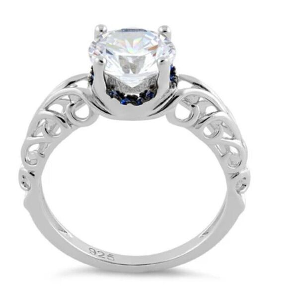 Sterling Silver Swirl Design Clear and Blue CZ Ring New - Picture 3 of 8